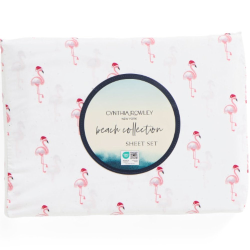 Cynthia Rowley Christmas Pink Flamingo KING Sheet Set Santa Hat Beach Collection